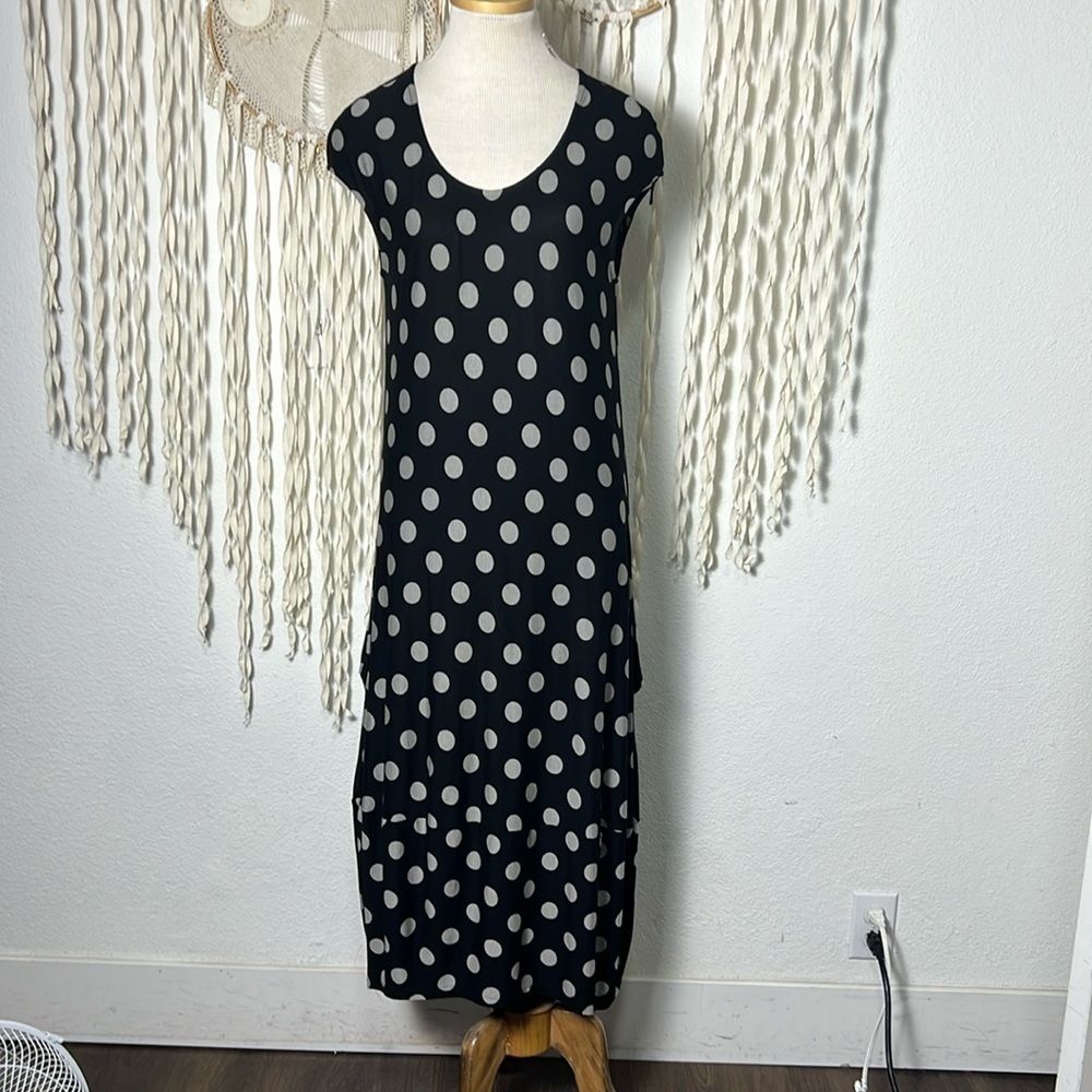 Gershon Bram Lagenlook Black with Gray Polka Dot Accent Midi Dress Size Small